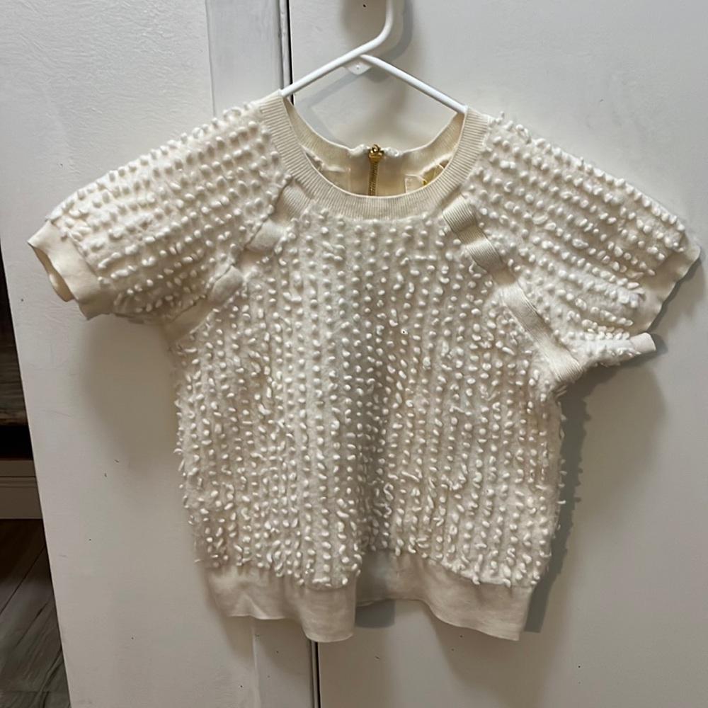 Maeve Anthropologie Cream Merino Wool Textured Short Sleeve Sweater